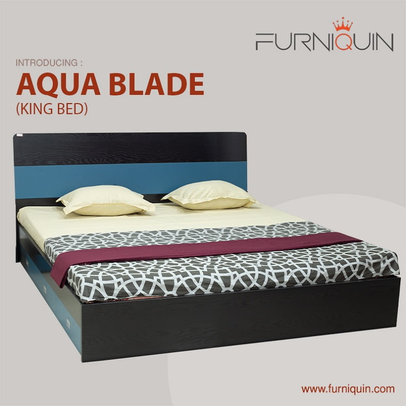 Aqua Blade Black and Blue Color King Bed with Hydrolic Storage with MDF and Melamine