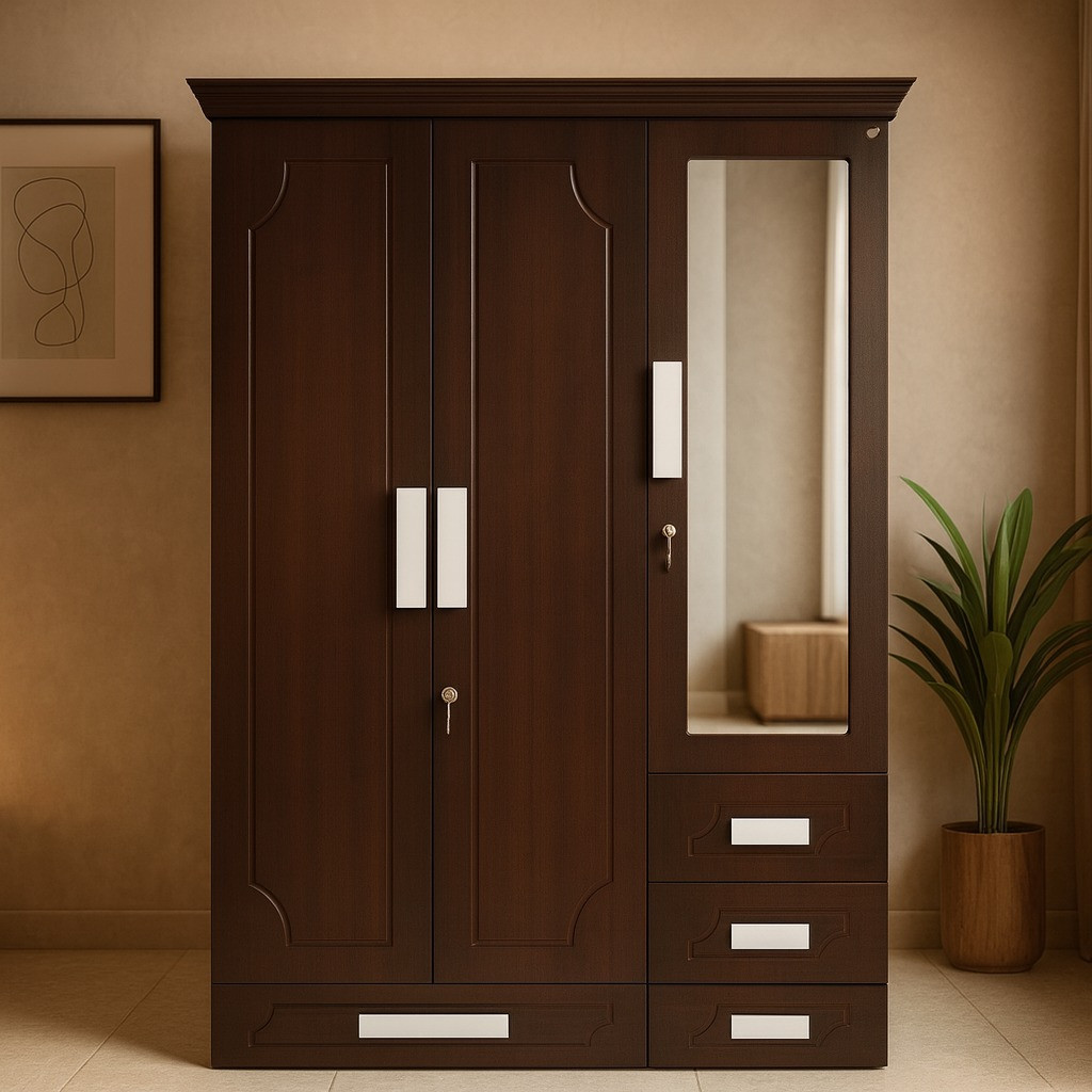 Arnold 3 Door Wardrobe with Mirror with MDF & PU in Dark Chocolate Color