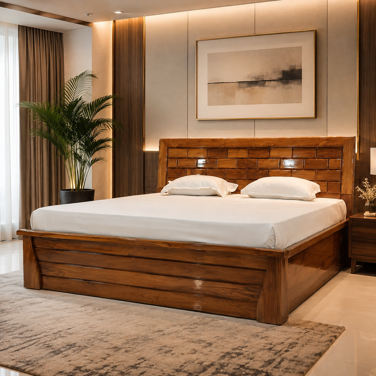 Pixel King Bed with Hydrolic Storage with Segun Wood in Natural Wood Color